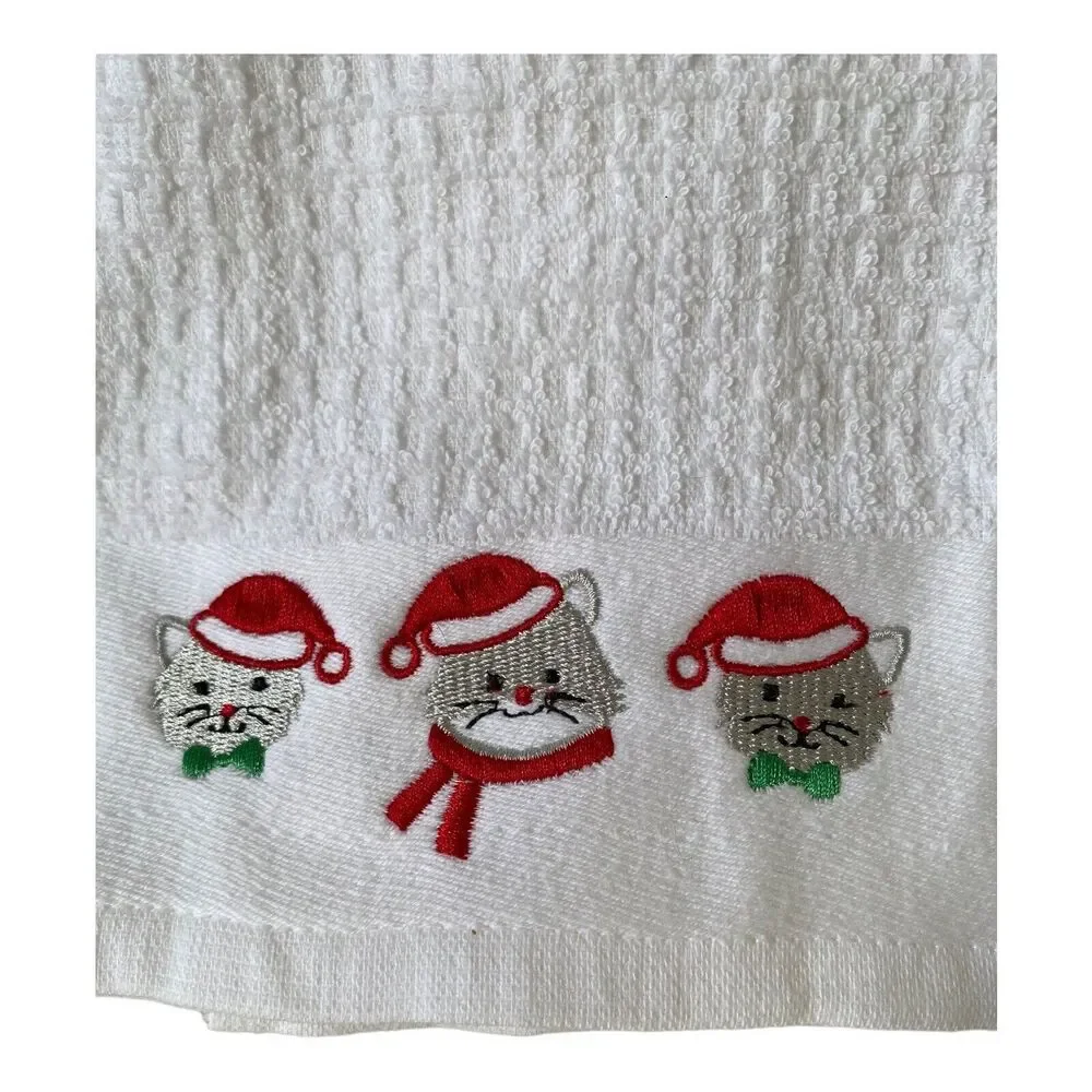 NWT Casaba Gray Christmas Cats in Stocking Hats 3 piece Xmas Kitchen Towel Set